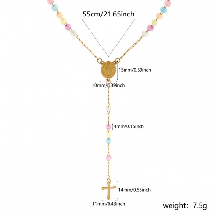 Immagine di Croce Medaglia di San Benedetto Multicolore Collana con Rosario con Perline di Preghiera All'Ingrosso, Oro Placcato 304 Acciaio Inossidabile Catena di Perline, Donne Placcatura Sottovuoto Religione Retrò Regalo Gioielli Per Rivenditore, 55cm Lunghezza, 1 Pz