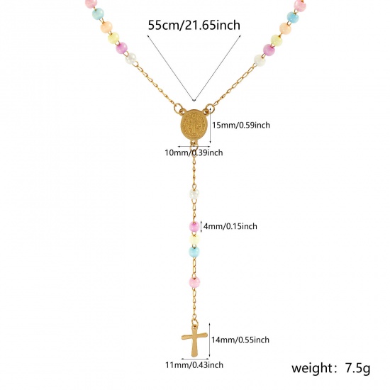 Picture of Wholesale Cross St. Benedict Medal Multicolor Prayer Beads Rosary Necklace, Gold Plated 304 Stainless Steel Beaded Chain, Women's Vacuum Plating Religious Retro Gift Jewelry For Retailer, 55cm(21.7") long, 1 Piece