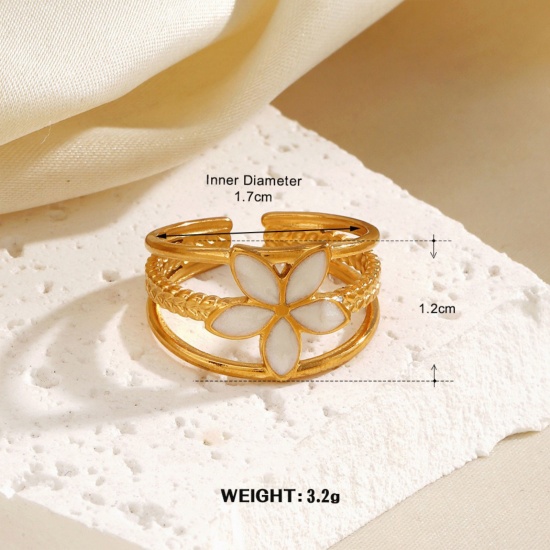 Изображение 1 Piece Vacuum Plating Stylish Exquisite 18K Gold Plated White 304 Stainless Steel Open Flower Enamel Rings For Women Gift 16.9mm(US Size 6.5)