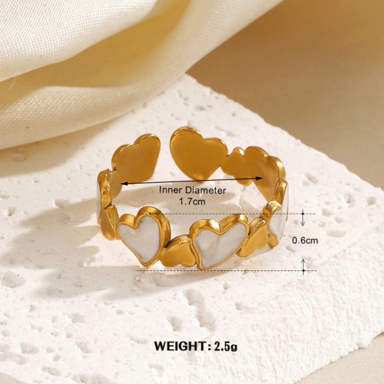 Изображение 1 Piece Vacuum Plating Stylish Valentine's Day 18K Gold Plated White 304 Stainless Steel Open Heart Enamel Rings For Women Gift 16.9mm(US Size 6.5)