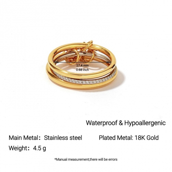 Picture of Wholesale Women's Gift Clear Rhinestone Two Tone Unadjustable Rings, Silver Tone & 18K Gold Plated 304 Stainless Steel, Eco-friendly PVD Vacuum Plating Exquisite Stylish Jewelry Supply, 17.4mm(US Size 7), 1 Piece