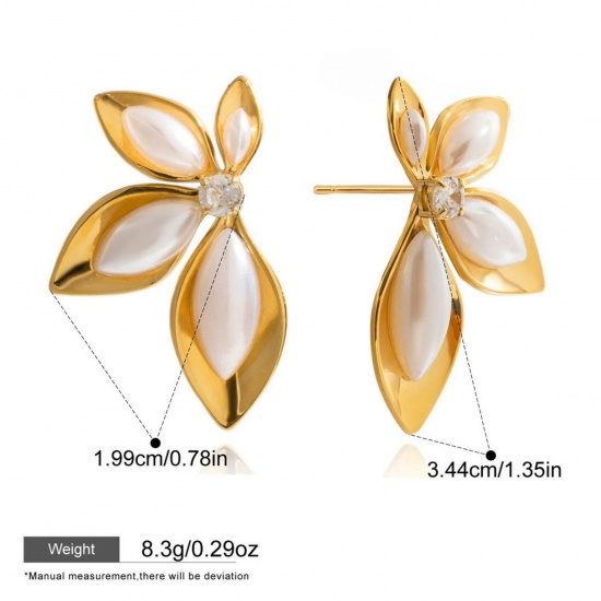 Picture of 1 Pair Eco-friendly PVD Vacuum Plating Stylish Exquisite 18K Gold Plated White 304 Stainless Steel Flower Imitation Pearl Ear Post Stud Earrings For Women Gift 3.4cm x 2cm