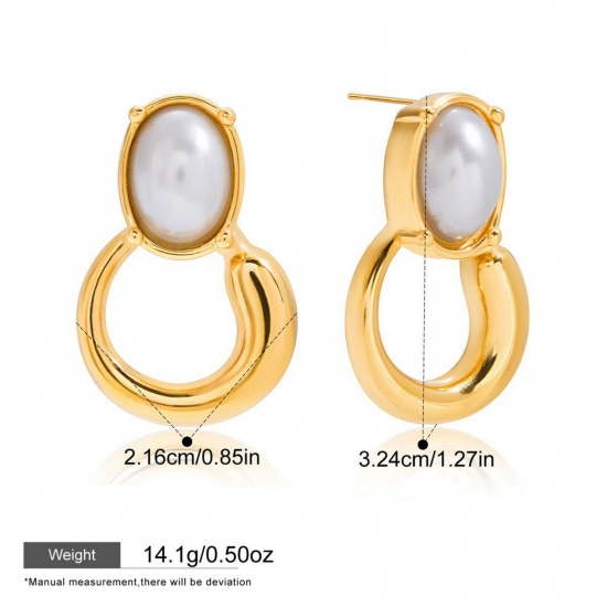 Picture of 1 Pair Eco-friendly PVD Vacuum Plating Stylish Exquisite 18K Gold Plated White 304 Stainless Steel Imitation Pearl Ear Post Stud Earrings For Women Gift 3.2cm x 2.2cm