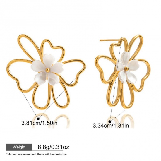 Picture of 1 Pair Eco-friendly PVD Vacuum Plating Stylish Exquisite 18K Gold Plated White 304 Stainless Steel Flower Imitation Pearl Ear Post Stud Earrings For Women Gift 3.8cm x 3.3cm