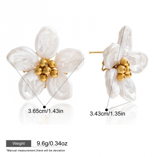 Picture of 1 Pair Eco-friendly PVD Vacuum Plating Stylish Exquisite 18K Gold Plated White 304 Stainless Steel Flower Imitation Pearl Ear Post Stud Earrings For Women Gift 3.6cm x 3.4cm
