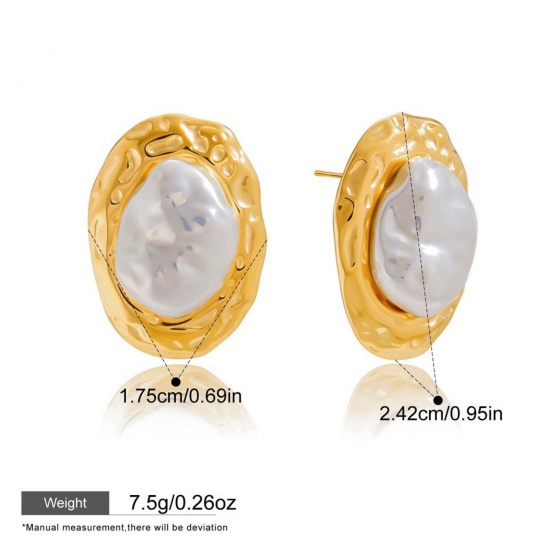 Picture of 1 Pair Eco-friendly PVD Vacuum Plating Stylish Exquisite 18K Gold Plated White 304 Stainless Steel Oval Imitation Pearl Ear Post Stud Earrings For Women Gift 2.4cm x 1.7cm
