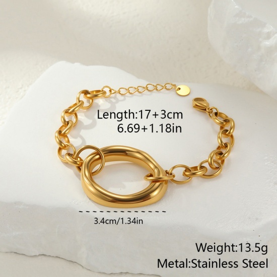 18K Gold Plated Bracelets, 304 Stainless Steel 17cm(6.7") + 3cm(1.2"), For Women, Exquisite Dainty Gift, Eco-friendly PVD Vacuum Plating, 1 Piece の画像