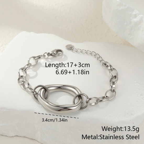 Silver Tone Bracelets, 304 Stainless Steel 17cm(6.7") + 3cm(1.2"), For Women, Exquisite Dainty Gift, Eco-friendly PVD Vacuum Plating, 1 Piece の画像