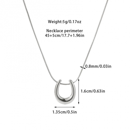 Изображение Silver Tone U Shaped Pendant Charm Necklace, 304 Stainless Steel 40cm(15.7") + 5cm(2"), For Women, Exquisite Stylish Gift, Eco-friendly, 1 Piece