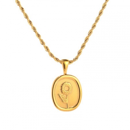 Gold Plated Braided Rope Chain Oval Pendant Charm Necklace, 304 Stainless Steel 40cm(15.7") + 5cm(2"), For Women, Sunflower Flora Collection Stylish Gift, Eco-friendly, 1 Piece