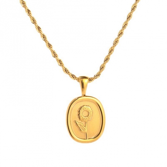 Изображение Gold Plated Braided Rope Chain Oval Pendant Charm Necklace, 304 Stainless Steel 40cm(15.7") + 5cm(2"), For Women, Sunflower Flora Collection Stylish Gift, Eco-friendly, 1 Piece