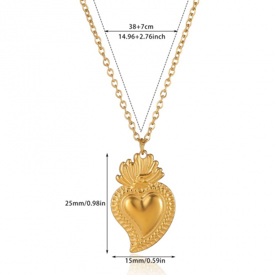 Изображение 18K Gold Plated Ex Voto Heart Pendant Charm Necklace, 304 Stainless Steel 40cm(15.7") + 5cm(2"), For Women, Religious Stylish Gift, Eco-friendly, 1 Piece