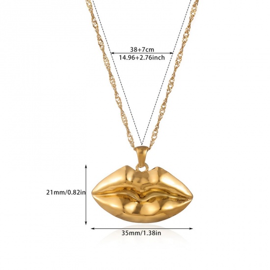 Изображение 18K Gold Plated Lip Pendant Charm Necklace, 304 Stainless Steel 40cm(15.7") + 5cm(2"), For Women, Valentine's Day Stylish Gift, Eco-friendly, 1 Piece