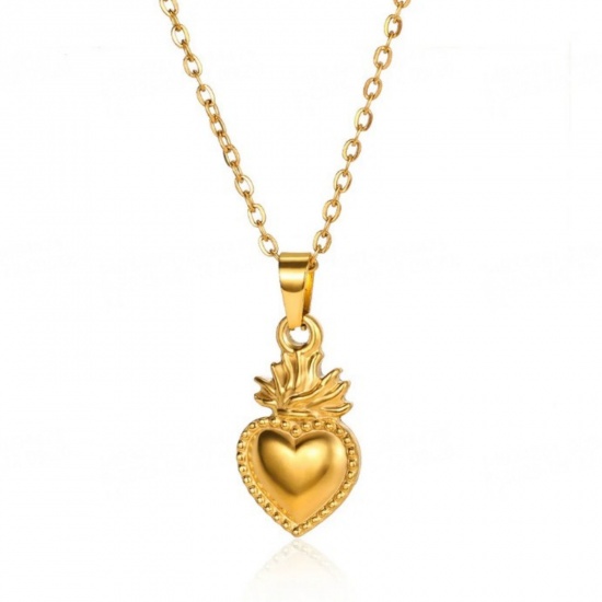 Изображение 18K Gold Plated Ex Voto Heart Pendant Charm Necklace, 304 Stainless Steel 40cm(15.7") + 5cm(2"), For Women, Religious Stylish Gift, Eco-friendly, 1 Piece