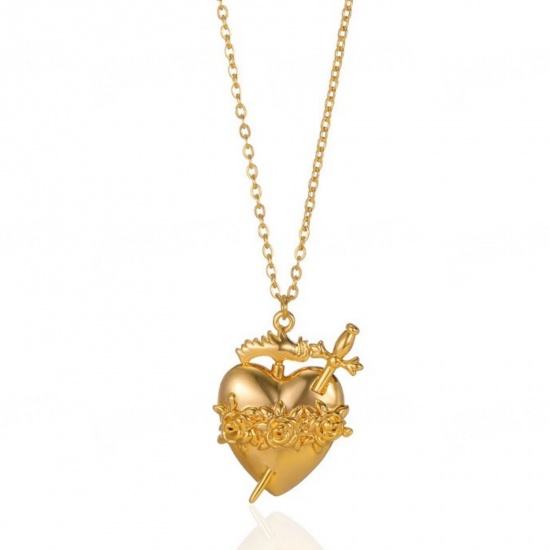 Изображение 18K Gold Plated Ex Voto Heart Pendant Charm Necklace, 304 Stainless Steel 40cm(15.7") + 5cm(2"), For Women, Religious Stylish Gift, Eco-friendly, 1 Piece