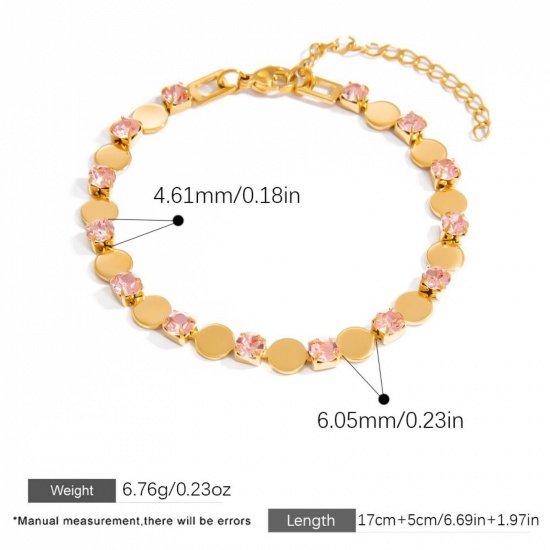 1 Piece Eco-friendly Vacuum Plating Waterproof Anti-Tarnish Hypoallergenic Stylish Exquisite 18K Real Gold Plated Pink 304 Stainless Steel & Cubic Zirconia Round Bracelets For Women Gift 17cm(6.7") long の画像