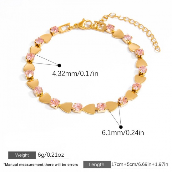 1 Piece Eco-friendly Vacuum Plating Waterproof Anti-Tarnish Hypoallergenic Stylish Valentine's Day 18K Real Gold Plated Pink 304 Stainless Steel & Cubic Zirconia Heart Bracelets For Women Gift 17cm(6.7") long の画像