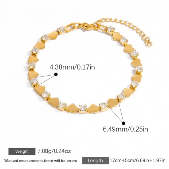 1 Piece Eco-friendly Vacuum Plating Waterproof Anti-Tarnish Hypoallergenic Stylish Valentine's Day 18K Real Gold Plated Transparent Clear 304 Stainless Steel & Cubic Zirconia Heart Bracelets For Women Gift 17cm(6.7") long の画像