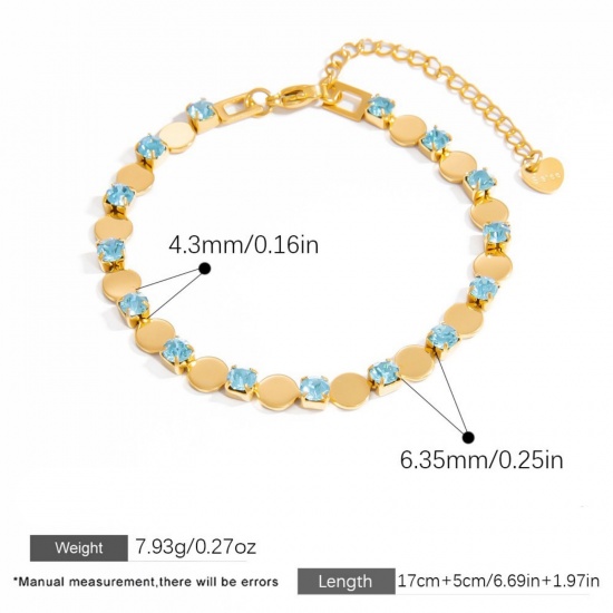 1 Piece Eco-friendly Vacuum Plating Waterproof Anti-Tarnish Hypoallergenic Stylish Exquisite 18K Real Gold Plated Blue 304 Stainless Steel & Cubic Zirconia Round Bracelets For Women Gift 17cm(6.7") long の画像