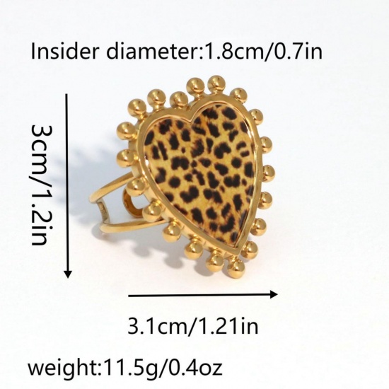 Bild von 1 Piece Vacuum Plating Stylish Valentine's Day 18K Gold Plated 304 Stainless Steel Open Adjustable Heart Leopard Print Rings For Women Gift 17.5mm(US size 7.25)