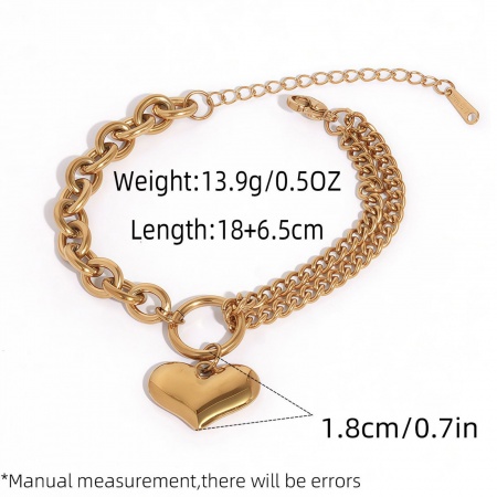Immagine di Cuore 304 Acciaio Inossidabile Braccialetti All'Ingrosso, Placcato Oro 18K Placcatura Sottovuoto, Donne San Valentino Elegante Regalo Fornitura di Gioielli, 18cm Lunghezza, 1 Pz