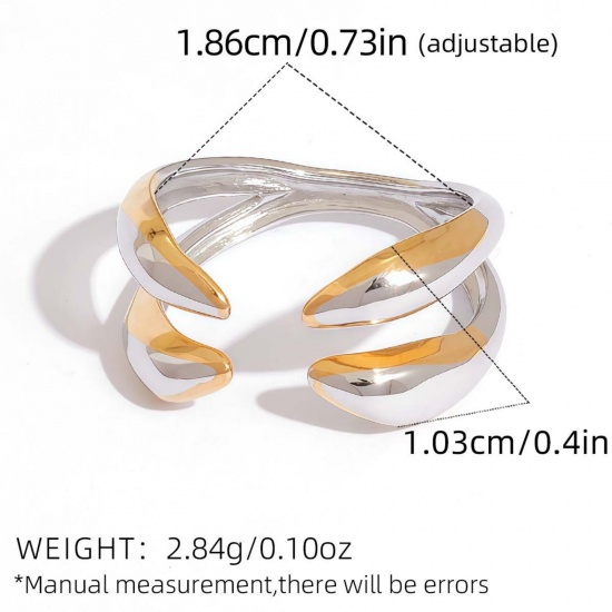 Изображение 1 Piece Vacuum Plating Stylish Exquisite Silver Tone & 18K Gold Plated 304 Stainless Steel Open Adjustable Two Tone Rings For Women Gift 18.5mm(US size 8.5)