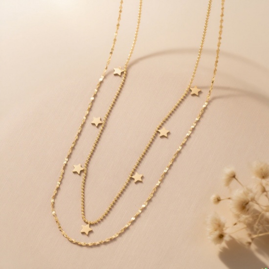 Изображение 18K Gold Plated Pentagram Star Pendant Charm Necklace, 304 Stainless Steel 40cm(15.7") + 5cm(2"), For Women, Stylish Exquisite Gift, Vacuum Plating, 1 Piece