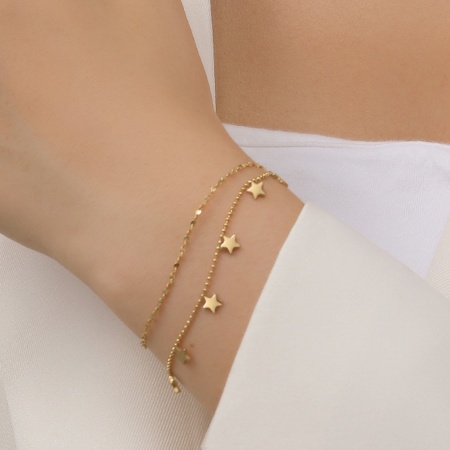 Picture of Wholesale Pentagram Star Multilayer Station Bracelet, 18K Gold Plated 304 Stainless Steel Ball Chain, Women's Vacuum Plating Exquisite Stylish Gift Jewelry For Retailer, 16cm(6.3") + 5cm(2") long, 1 Piece