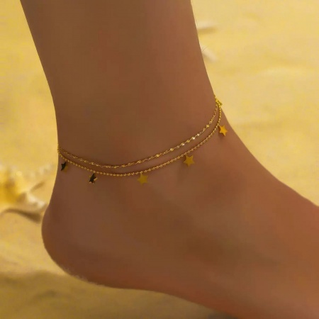 Imagen de Estrellas de cinco puntos Multicapa Tobillera de Estación Al Por Mayor, Chapado en Oro de 18K 304 Acero Inoxidable Cadenas de Bola, Mujeres Enchapado al Vacío Exquisito Elegante Regalo Joyería Para Minorista, 21cm + 5cm longitud, 1 Unidad