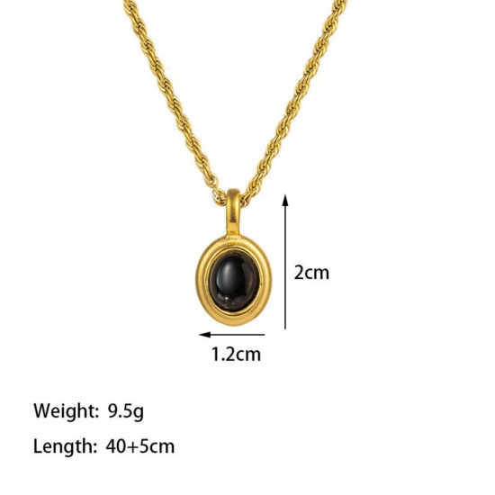 Bild von 18K Gold Plated Braided Rope Chain Oval Pendant Charm Necklace, 304 Stainless Steel 40cm(15.7") + 5cm(2"), For Women, Black With Synthetic Gemstone Cabochons, Exquisite Stylish Gift, Vacuum Plating, 1 Piece