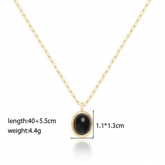 Bild von 18K Gold Plated Paperclip Link Chain Oval Pendant Charm Necklace, 304 Stainless Steel 40cm(15.7") + 5.5cm(2.2"), For Women, Black With Synthetic Gemstone Cabochons, Exquisite Stylish Gift, Vacuum Plating, 1 Piece