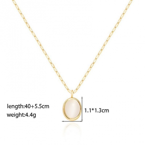 Bild von 18K Gold Plated Paperclip Link Chain Oval Pendant Charm Necklace, 304 Stainless Steel 40cm(15.7") + 5.5cm(2.2"), For Women, White With Synthetic Gemstone Cabochons, Exquisite Stylish Gift, Vacuum Plating, 1 Piece