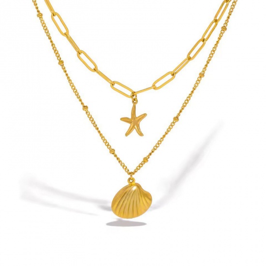 Изображение 18K Gold Plated Shell Pendant Charm Necklace, 304 Stainless Steel 40cm(15.7") + 5cm(2"), For Women, Stylish Ocean Jewelry Gift, Vacuum Plating, 1 Piece