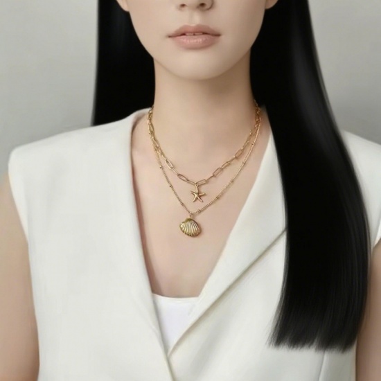 Изображение 18K Gold Plated Shell Pendant Charm Necklace, 304 Stainless Steel 40cm(15.7") + 5cm(2"), For Women, Stylish Ocean Jewelry Gift, Vacuum Plating, 1 Piece