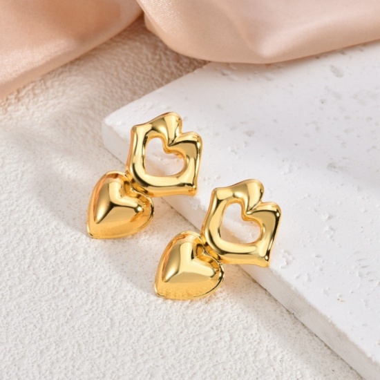 Изображение 1 Pair Eco-friendly Stylish Valentine's Day 18K Gold Plated 304 Stainless Steel Heart Ear Post Stud Earrings For Women Gift
