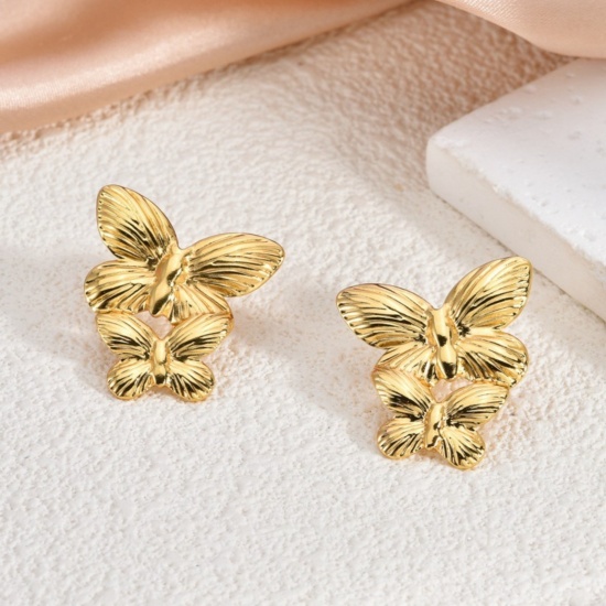 Изображение 1 Pair Eco-friendly Stylish Exquisite 18K Gold Plated 304 Stainless Steel Butterfly Animal Ear Post Stud Earrings For Women Gift
