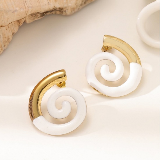 Bild von 1 Pair Eco-friendly Stylish Exquisite 18K Gold Plated White 304 Stainless Steel Spiral Enamel Ear Post Stud Earrings For Women Gift