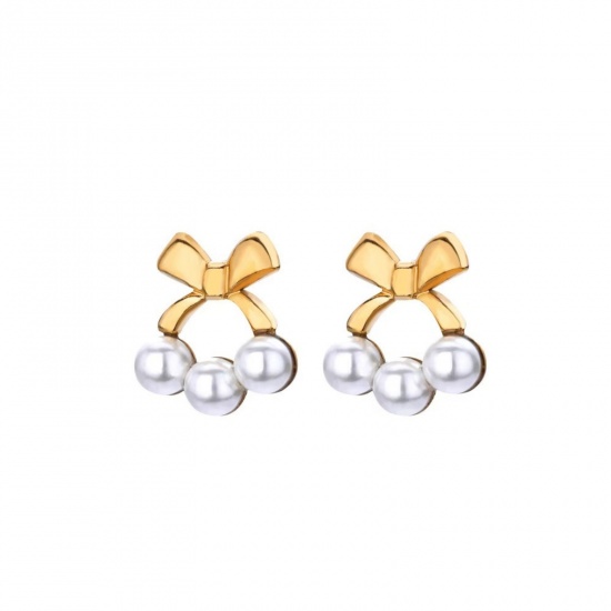 Изображение 1 Pair Vacuum Plating Stylish Exquisite 18K Gold Plated White 304 Stainless Steel Bowknot Imitation Pearl Ear Post Stud Earrings For Women Gift
