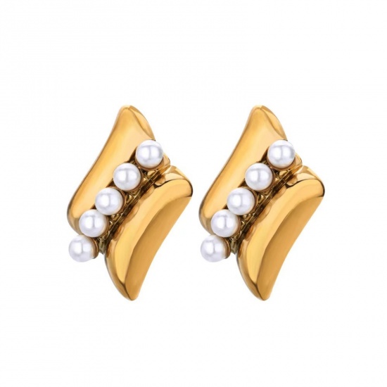 Изображение 1 Pair Vacuum Plating Stylish Exquisite 18K Gold Plated White 304 Stainless Steel Imitation Pearl Ear Post Stud Earrings For Women Gift