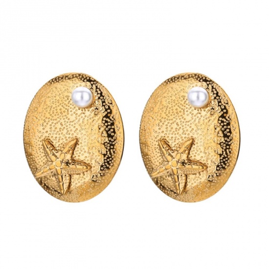 Изображение 1 Pair Vacuum Plating Stylish Exquisite 18K Gold Plated White 304 Stainless Steel Star Fish Imitation Pearl Ear Post Stud Earrings For Women Gift