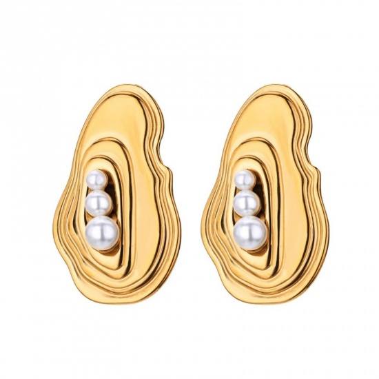 Изображение 1 Pair Vacuum Plating Stylish Exquisite 18K Gold Plated White 304 Stainless Steel Imitation Pearl Ear Post Stud Earrings For Women Gift