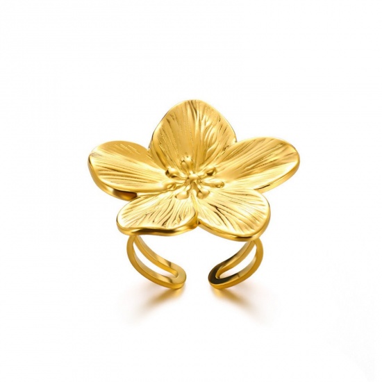 Изображение 1 Piece Vacuum Plating Dainty Stylish 18K Gold Plated 304 Stainless Steel Open Flower Rings For Women Gift