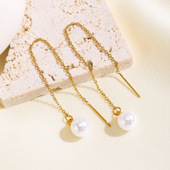 Bild von 1 Pair Vacuum Plating Dainty Stylish 18K Gold Plated White 304 Stainless Steel Imitation Pearl Ear Thread Threader Earrings For Women Gift 10cm