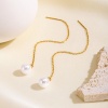 1 Pair Vacuum Plating Dainty Stylish 18K Gold Plated White 304 Stainless Steel Imitation Pearl Ear Thread Threader Earrings For Women Gift 10cm の画像