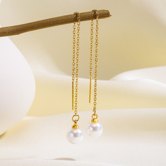 Picture of Wholesale Stylish Dainty Ear Thread Threader Earrings, White Imitation Pearl 18K Gold Plated 304 Stainless Steel, Women's Vacuum Plating Gift Jewelry Supply, 10cm, 1 Pair
