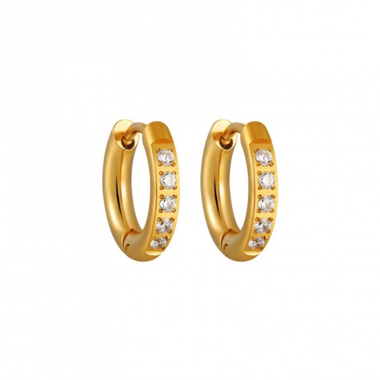 Изображение 1 Pair Vacuum Plating Stylish Exquisite 18K Gold Plated 304 Stainless Steel & Rhinestone Hoop Earrings For Women Gift 8mm Dia.