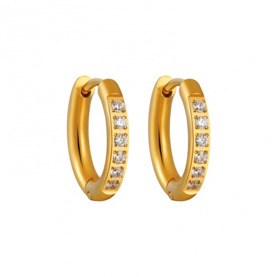 Изображение 1 Pair Vacuum Plating Stylish Exquisite 18K Gold Plated 304 Stainless Steel & Rhinestone Hoop Earrings For Women Gift 10mm Dia.