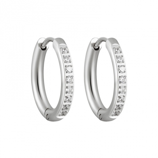 Изображение 1 Pair Vacuum Plating Stylish Exquisite Silver Tone 304 Stainless Steel & Rhinestone Hoop Earrings For Women Gift 12mm Dia.