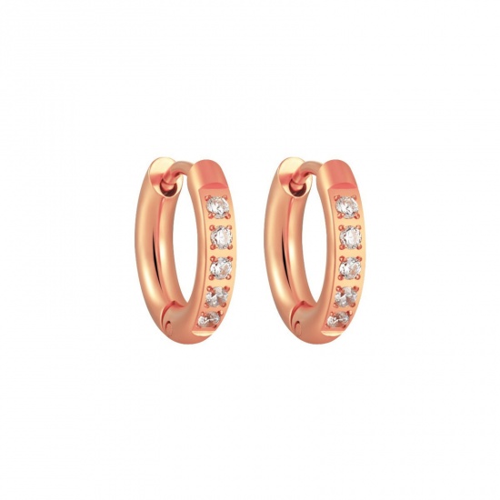 Изображение 1 Pair Vacuum Plating Stylish Exquisite Rose Gold 304 Stainless Steel & Rhinestone Hoop Earrings For Women Gift 8mm Dia.