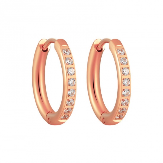 Изображение 1 Pair Vacuum Plating Stylish Exquisite Rose Gold 304 Stainless Steel & Rhinestone Hoop Earrings For Women Gift 12mm Dia.